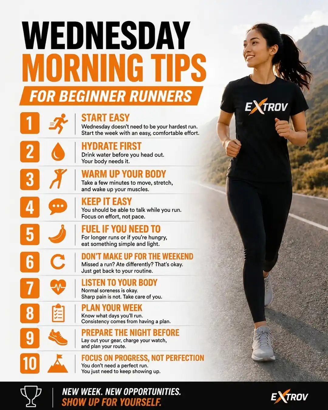 Infographic displaying ten Wednesday morning running tips for beginner runners by Extrov
