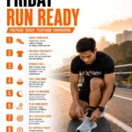 Infographic with 8 steps to get Friday Run Ready for a weekend run.