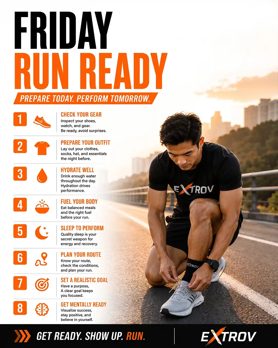 Infographic with 8 steps to get Friday Run Ready for a weekend run.