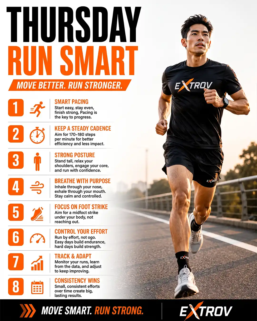 Infographic detailing the Thursday Run Smart checklist with eight training tips for runners.